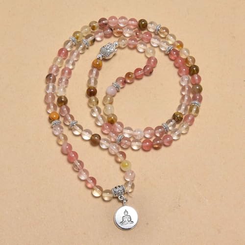 108 Mala Beads Bracelet/Necklace with Buddha Charm – Meditation Beads, Yoga Jewelry, Prayer Beads, Zen Necklace – Ideal Gift for Spiritual Practice - style: Watermelon Tourmaline