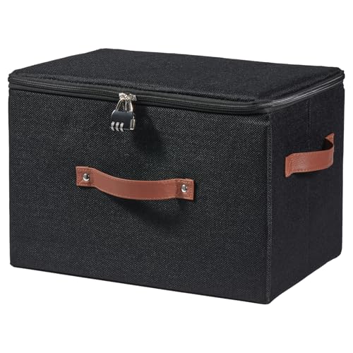 Storage Bins Boxes with Zipper Lid Combination Lock PU Leather Handles Cotton Linen Fabric Lidded Lockable Baskets Foldable Washable Closet Shelf Organizer Container (Black, Large) - color: Black, size: Large ( Set of 1 )