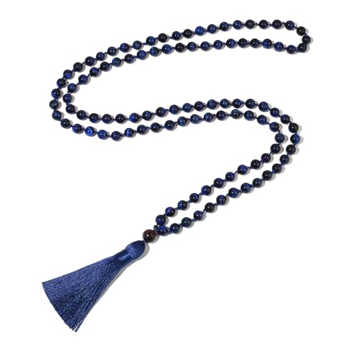 8mm Natural Stone 108 Mala Beads Necklace for Men and Women - color: Lapis Lazuli Blue Tiger Eye