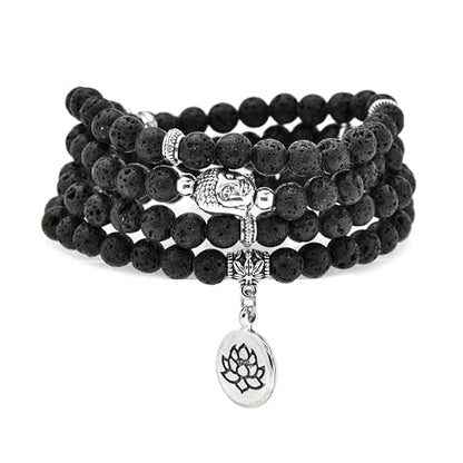 6mm 108 Mala Beads Bracelet, Yoga Zen Necklace with Buddha and Lotus Charm for Prayer - style: Lava