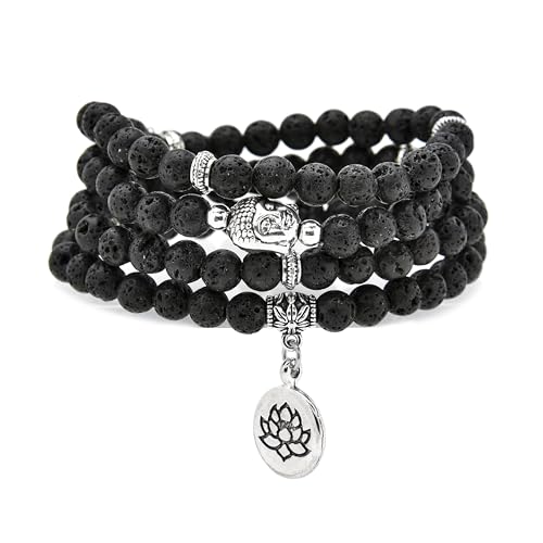 6mm 108 Mala Beads Bracelet, Yoga Zen Necklace with Buddha and Lotus Charm for Prayer - style: Lava
