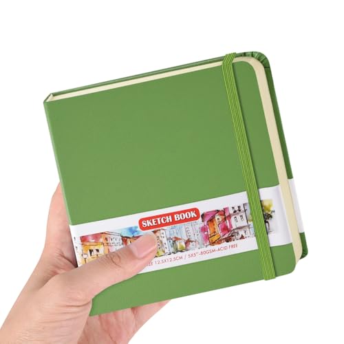 E-WEICHEN Square 5x5 inches 80gsm 96sheets/192 Pages Notebooks Blank Sketchbooks Travel Journal Pocket Hardcover Paint Writing Diary Memo Planner PU Leather Cover. Green - color: PU Cover-5x5in-Green