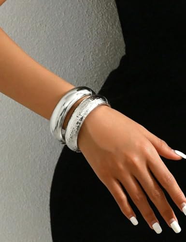 Chunky Gold Bangle Bracelets for Women, Dainty 14k Gold Plated Big Stackable Bangles Set, Trendy Statement Cuff Bracelet Stack Fashion Jewelry Gifts - style: 2 Silver hammered bangles