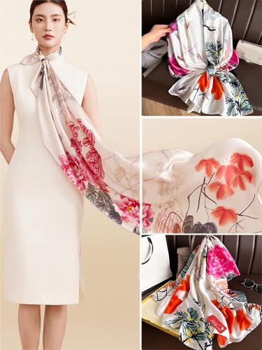 Large Shawl Scarf For Women Lightweight Wraps Silky Headscarf Long Sunscreen Scarfs - color: T28 Purple-pink Flowers / 70"x 35"