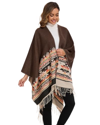 Shawl Wraps for Women, Elegant Knitted Cape Open Front Poncho Scarf Blanket Cardigan Coat for Spring, Autumn, and Winter - color: Brown Beige