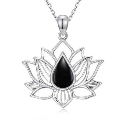 Lotus Necklaces for Women 925 Sterling Silver 7 Chakra/Yin Yang Pendant Necklace Spiritual Lotus Jewelry Birthday Yoga Gifts - style: Black Onyx-Lotus