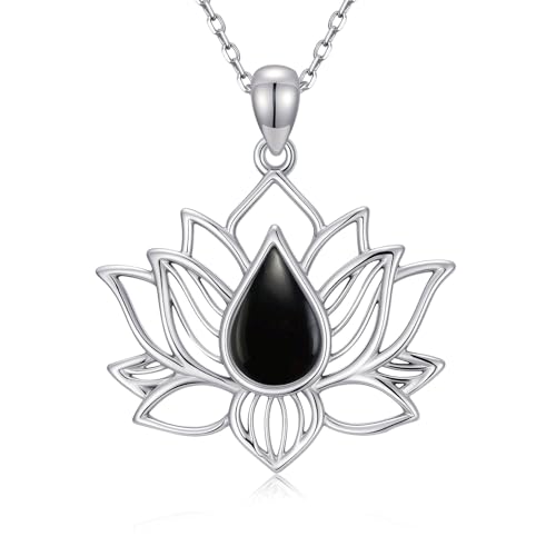 Lotus Necklaces for Women 925 Sterling Silver 7 Chakra/Yin Yang Pendant Necklace Spiritual Lotus Jewelry Birthday Yoga Gifts - style: Black Onyx-Lotus
