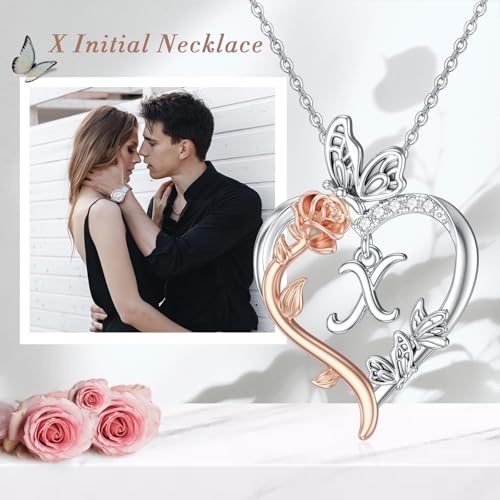 TOUPOP Gifts for Women Her 925 Sterling Silver Rose Heart Initial Necklace Butterfly Heart Jewelry Anniversary Birthday Gifts for Wife Girlfriend Mom - color: X Initial