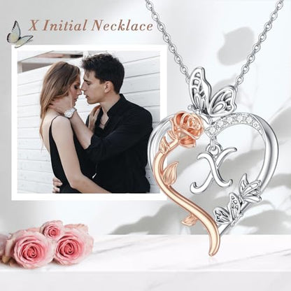 TOUPOP Gifts for Women Her 925 Sterling Silver Rose Heart Initial Necklace Butterfly Heart Jewelry Anniversary Birthday Gifts for Wife Girlfriend Mom - color: X Initial