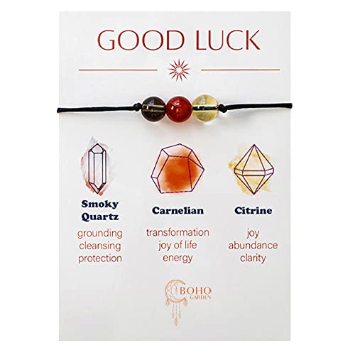 BOHO GARDEN Healing Bead Bracelets - Spiritual Crystal Beaded Bracelet - Made of 3 Real & Natural Gemstones, Adjustable 3-9.7” Black Rope - Gem Stones Jewelry for Men, Women, Teens (13+) - 8mm Bead - color: GoodLuck