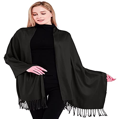 CJ Apparel Solid Color Tassels Design Nepalese Shawl Scarf Wrap Stole Throw Head Wrap Pashmina Gift Hand Made in Nepal New - color: Black