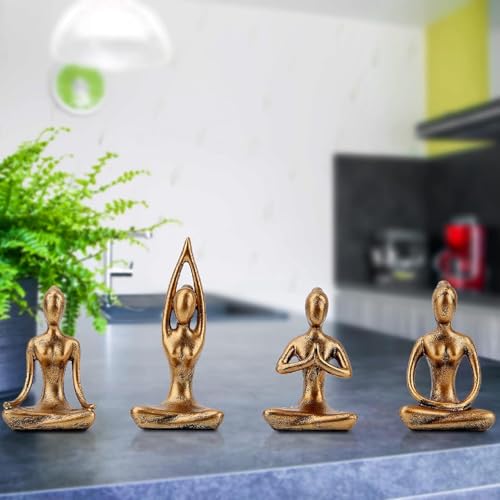 Yoga Pose Statue Set (4 Pcs), Abstract Figurines for Shelf Decor, Zen Meditation Accessories for Home & Office, Spiritual Gift (Gold)
