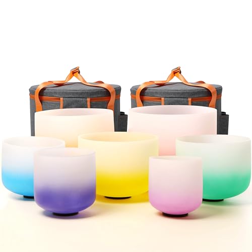 Set of 7 size 6-12 inch Gradient Color Chakra Tuned 432hz Quartz Crystal Singing Bowls with Heavy Duty Carrying Cases and Singing Bowl Mallets - color: Set of 7, Gradient