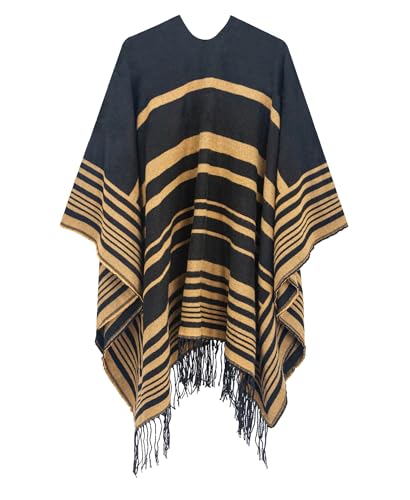 MissShorthair Women's Printed Shawl Wrap Fashionable Open Front Poncho Cape, Gift for Women - color: Black&camel