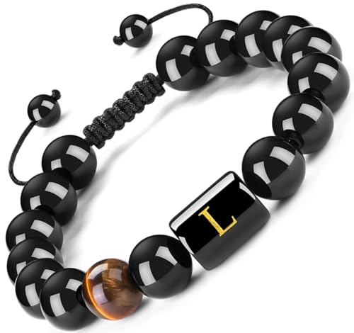 FRG Initials Bracelets for Men Letter Link Handmade Natural Black Onyx Tiger Eye Stone Beads Braided Rope Meaningful Bracelet - style: Braided rope-L