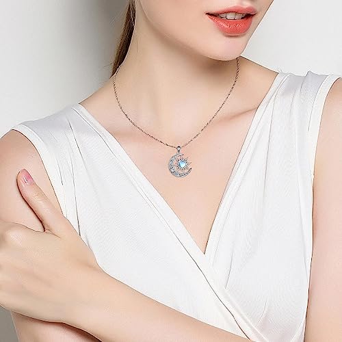 Sun and Moon Necklace for Women 925 Sterling Silver Celtic Crescent Moon Pendant Blue Opal/White Opal/Abelone Shell/Labradorite/Moonstone Jewelry Gift for Teen Girls - color: opal and moonstone