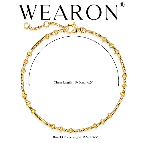 WEARON Gold Bracelet for Women 14K Gold Plated Snake Herringbone Figaro Cuban Bead Paperclip Cable Box Chain Simple Jewelry - style: Bead Chain 2.9mm