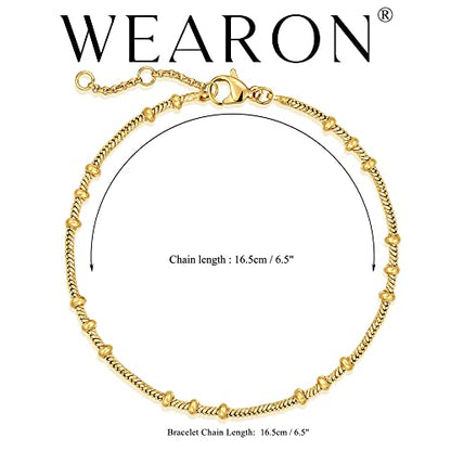 WEARON Gold Bracelet for Women 14K Gold Plated Snake Herringbone Figaro Cuban Bead Paperclip Cable Box Chain Simple Jewelry - style: Bead Chain 2.9mm