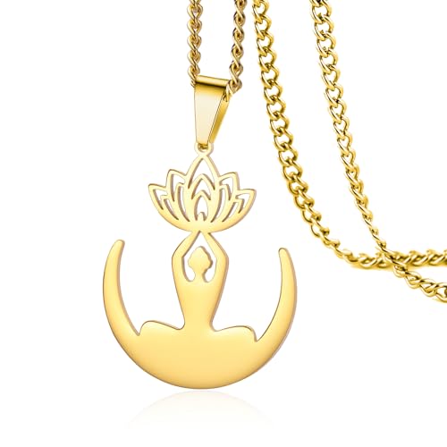 VASSAGO Buddha Lotus Necklace for Women Yoga Healing Pendant Stainless Steel Flower Necklace Buddhist Necklace Unalome Symbol Amulet Religious Jewelry - color: gold 6