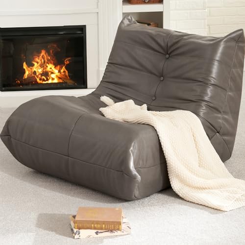 Hobestluk Giant Bean Bag Chair Lazy Floor Sofa, Memory Foam Fireside Sofa for Adults, Big Beanbag Faux Leather Armless Chair for Living Room Bedroom Dorm Office (Grey, Single) - color: Grey, size: Single