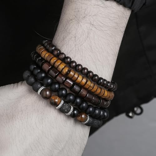 Long tiantian Beaded Bracelets for Men Wooden Bead Bracelets Stackable Layered Stretch Bracelet Trendy Wooden Jewelry Gift for Men - color: D-Bead Bracelets