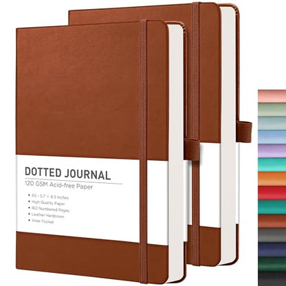 RETTACY Dotted Journal Notebook, 2-Pack, 160 Numbered Pages per Pack, A5 Medium Size (5.7'' x 8.3''), 120 GSM Thick Paper, Leather Hardcover, for Journaling, Planning, Tracking (Brown & Brown) - color: Brown & Brown, style: Dotted