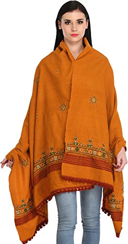 Exotic India Women's Pure Wool Shawl from Kutch with Central Embroidered Chakra and Mirrors Ethnic Design Stole, Scarves