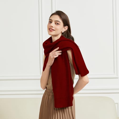 BRYCTSISEN Women's Lightweight Wool Shawl Wrap Scarf with Sleeves Outer Warm Knitted Open Front Poncho Cape Fall Winter - color: Wine Red