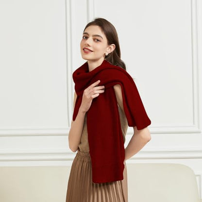 BRYCTSISEN Women's Lightweight Wool Shawl Wrap Scarf with Sleeves Outer Warm Knitted Open Front Poncho Cape Fall Winter - color: Wine Red