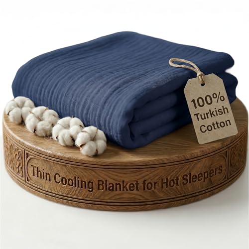 Goqan Throw Blanket 55x60 – 100% Turkish Cotton 4 Layer Boho Muslin Blanket for Adults, Four Season Blanket Lightweight and Thin, Soft, Breathable for Bed, Couch, Picnic - Navy - color: Navy, size: Large Throw (55"x60")