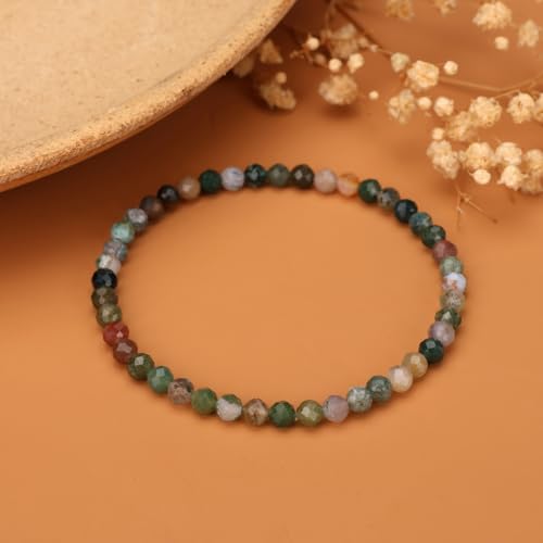 Natural Faceted Crystal Bracelet for Women,4mm Gemstone Round Beads Bracelets Adjustable Stretchy Healing Crystal Beads Bracelets Dainty Jewelry Gift