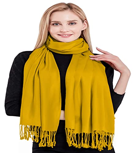 CJ Apparel Solid Color Tassels Design Nepalese Shawl Scarf Wrap Stole Throw Head Wrap Pashmina Gift Hand Made in Nepal New - color: Amber Yellow