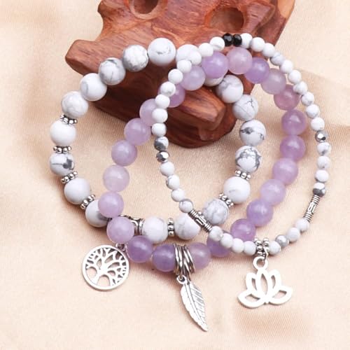 Tree of Life Yoga Healing Stone Bracelets,Multilayer Lotus Chakra Stone Reiki Bracelet Sets,Anxiety Crystal Natural Stone,for Women Stress Relief - style: White turquoise+Purple Jade