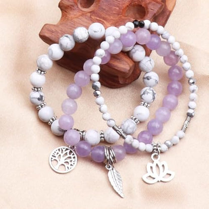 Tree of Life Yoga Healing Stone Bracelets,Multilayer Lotus Chakra Stone Reiki Bracelet Sets,Anxiety Crystal Natural Stone,for Women Stress Relief - style: White turquoise+Purple Jade