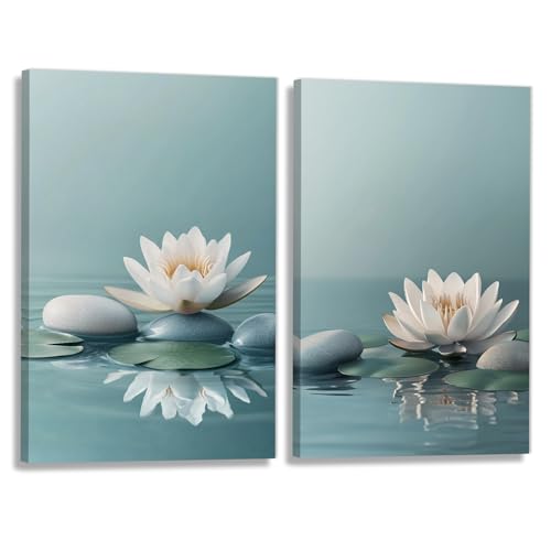 Zen Wall Art 2 Panel White Lotus Pebble In Water Picture Canvas Print Blooming Floral Poster Calming Painting Framed Artwork for Yoga Spa Room Decor(Artwork-1,16"x24"x2pcs) - color: Artwork-1, size: 16"x24"x2pcs