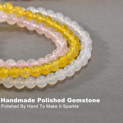3PCS Agate Bracelet for Women Men Natural Round Beaded Agates Stone Healing Stretch Bracelets Elastic Handmade Polished Gemstone Beads Bracelet - color: White+Pink+Yellow