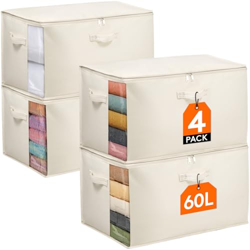 Lifewit Canvas Cotton Comforter Storage Bags with Zipper 4 Pack, 60L Breathable Foldable Clothing Containers, Linen Sweater Organizers Boxes for Clothes, Blankets, Pillows, Duvets, Bedding