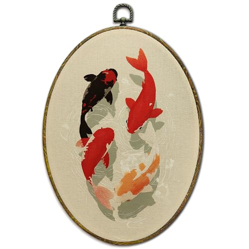 XFCICRLJ Japanese Koi Fish Wall Art Decor, Oriental Japandi Oval Canvas Prints Framed, Asian Neutral Minimalist Traditional Fish Wall Art Decorations for Home Bedroom Living Room Decor, 11x8.5 Inch - color: Four koi fish