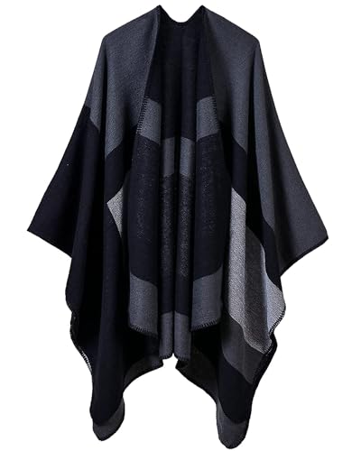 Women's Shawls and Wraps Open Front Poncho Cape Winter Sweater - color: L9-black+grey