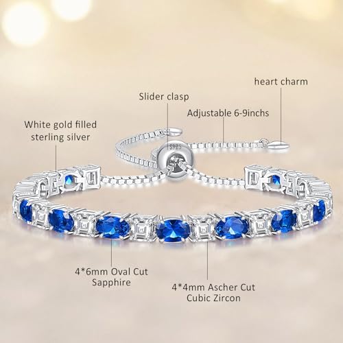 Sterling Silver Birthstone Bracelets for Women White Gold Tennis Bracelets Adjustable Chain 6-9 Inchs Jewelry Hypoallergenic Anniversary Birthday Gifts for Women Mom Wife Her - color: 09-Sapphire