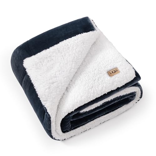 UGG Nita Throw Blanket for Couch, Reversible Plush Throw for Couch or Bed, Cozy Fluffy Fleece Blanket, Living Room Decor, Washable Bedding, 50-inch x 70-inch, Navy Blue - color: Blue, size: Throw