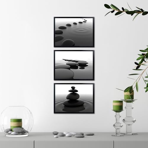 iKNOW FOTO 3pcs Black and White Zen Wall Art Stones in Water Canvas Prints with Black Frame for Bathroom Yoga Meditation Spa Living Room Bedroom Wall Decor Framed Ready to Hang 12x16 Inches