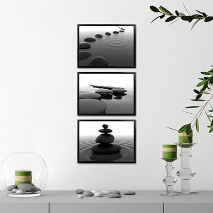 iKNOW FOTO 3pcs Black and White Zen Wall Art Stones in Water Canvas Prints with Black Frame for Bathroom Yoga Meditation Spa Living Room Bedroom Wall Decor Framed Ready to Hang 12x16 Inches