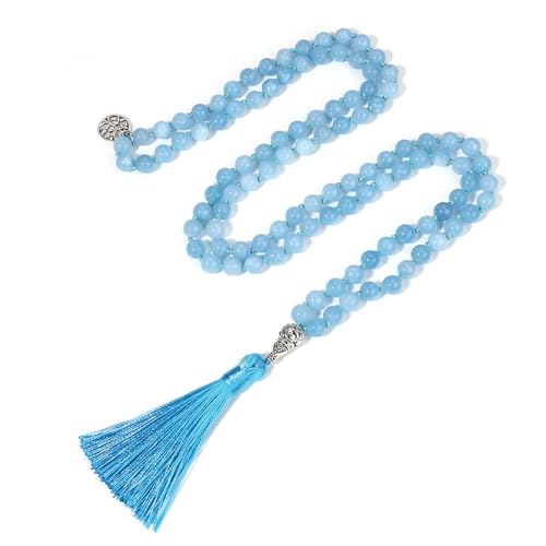 108 Mala Beads Necklace Semi-Precious Gem Stones Meditation Necklace 108 Hand Knotted Japa Mala Beaded Tassel Necklace with Tree of Life Pendant - color: Aquamarine