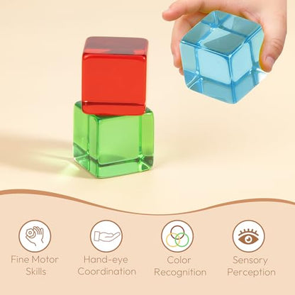 Woodtoe Large Building Blocks for Toddlers, Montessori Stacking Toys for 1 2 3 4 Year Old Baby Boys Girls, No Choking Hazard, Big Acrylic Gem Cubes Rainbow Blocks, STEM Sensory Toy Gifts for Kids 1-3 - style: 3 PCS Large Acrylic Blocks