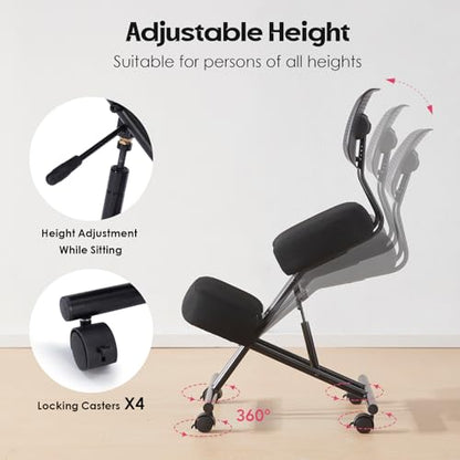 Kneeling Chairs with Backrest Linen Ergonomic Home Office Chair Adjustable Height Seat Rolling Wheels Comfort Thick Cushion Work Stool Improve Posture Chair - size: with back