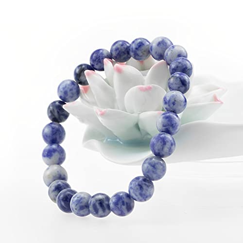 Natural Gemstones Bracelet 8mm Chakra Round Beads Energy Power Crystal Reiki Healing Elastic Stretch 7 Inch for Women Men Unisex - color: Blue Dot