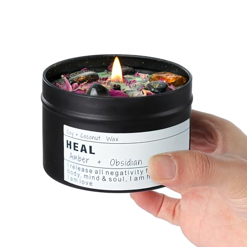 Obsidian Crystal Energy Candle, Good Aura Health Protection, Baltic Amber Chakra Magic Self-Care, Emotional Support, Encouragement and Affirmation Gift.(HEAL)