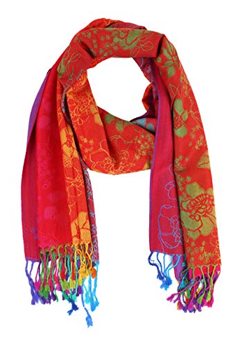 PASKMLNA Double Side Multi Colors Silky Tropical Colorful Exotic Pashmina Wrap Shawl Scarf Rave - color: 051-red Multi Feathers