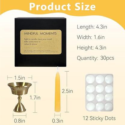 20 Min Beeswax Meditation Candles – 30 Pack, Includes Mini Candle Holder & 12 Wax Dots, Slow Burn, Natural Unscented, Yoga Prayer Mindfulness & Relaxation - color: Beeswax, size: 30 Pack